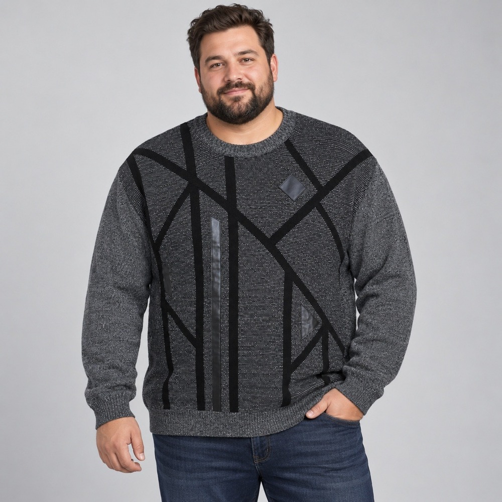 Miko Mens 3X Grey Wool Blend Geometric Crewneck Sweater Faux Leather Trim